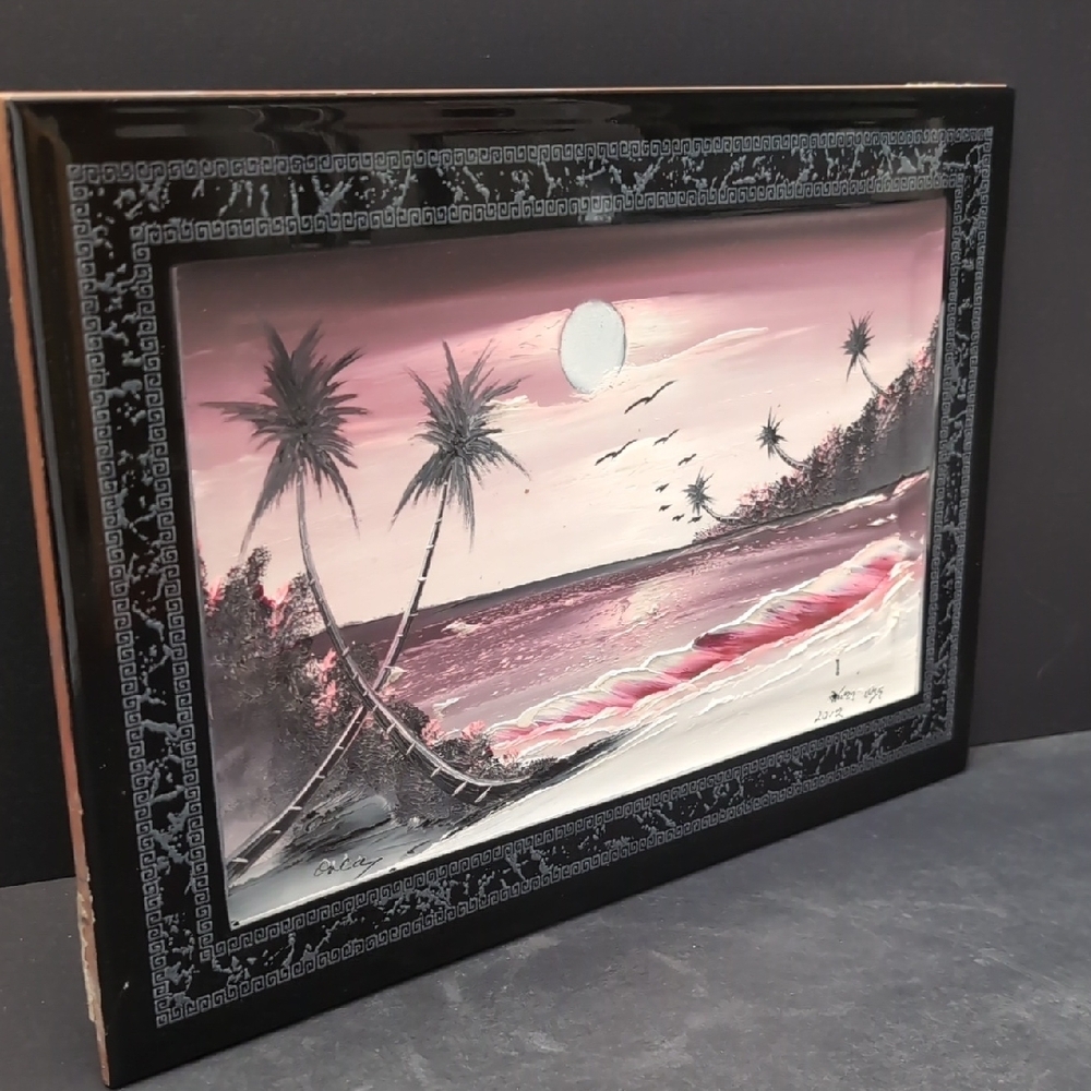 2012 Signed Black Ceramic Tile Painted with A Beach Scene.